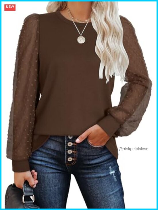 Tops - Women's Long Sleeve Tunic Top Puff Sleeve Swiss Dot Crew Neck Loose Fit